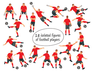 18 isolated figures of football players and goalkeepers in red uniforms standing in the goal, running, hitting the ball, jumping