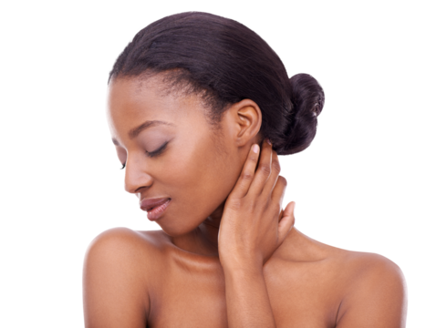Beauty, skincare and black woman with cosmetic care of skin isolated in a transparent or png background. African, cosmetics and young person or model with natural and clear glow due to dermatology