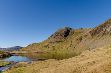 Beautiful green mountains with high altitude lake Stickle Tarn in Lake District, England, UK