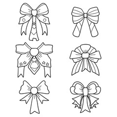 Vector set of bows. Coloring book for children and adults. Ribbon doodle in black thick line collection.