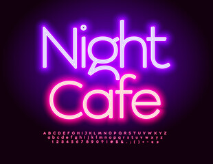 Vector electric Signboard Night Cafe. Bright illuminated Font. Modern Neon Alphabet Letters and Numbers