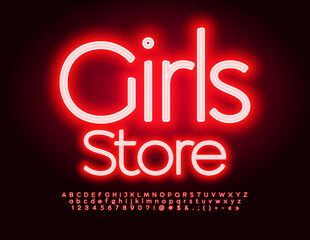 Vector neon Signboard Girls Store. Stylish Red Font. Modern Glowing Alphabet Letters and Numbers set