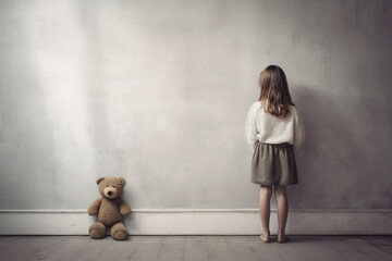 Girl with teddy bear standing and facing an empty wall. Depression, autism concept. Generative AI