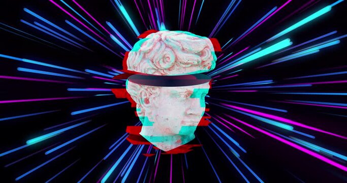 Animation of antique sculpture head over light trails