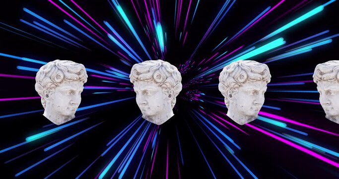 Animation of antique sculpture heads over light trails
