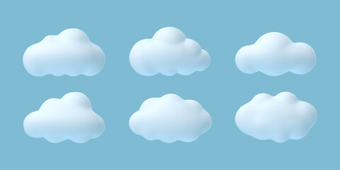 3d clouds. White cartoon cloud in summer, spring blue sky, fluffy cumulus shapes. Abstract balloon elements isolated vector set - obrazy, fototapety, plakaty