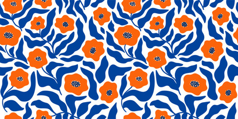 Blue floral Matisse seamless pattern, curve leaves and red flowers. Freehand abstract floral tropical repeat print, doodle botanical wallpaper. Organic background. Summer naturel vector illustration - 610881007