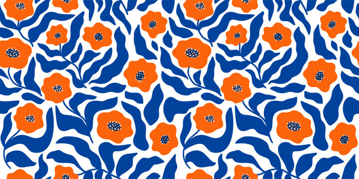 Blue floral Matisse seamless pattern, curve leaves and red flowers. Freehand abstract floral tropical repeat print, doodle botanical wallpaper. Organic background. Summer naturel vector illustration