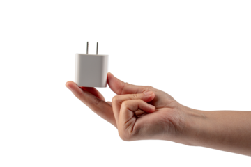 Hand and USB cables adapter, USB type A C universal plug cable, mobile phone accessory charger on transparent background.