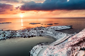 Deurstickers Reinefjorden Scenery snow covered on Reine in Lofoten islands at sunset