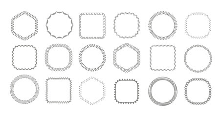 Sew stitch frame. Embroidery sewing seam frames, thread stiches borders, sewed machine seams shapes, ornamental napkin. Vector set - obrazy, fototapety, plakaty