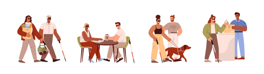 Set of blind people in dark glasses flat style, vector illustration