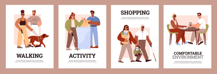 People with visual impairment and blindness living everyday life, posters set, flat vector illustration.