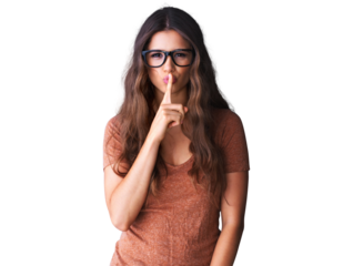 Finger on lips, secret and woman with glasses isolated on a transparent, png background for emoji. Young female model person from Australia with hand on mouth for confidential, quiet or privacy