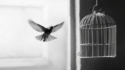 Fototapeta premium Bird cage empty, bird escape, freedom concept, Generative AI