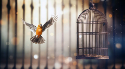 Bird cage empty, bird escape, freedom concept, Generative AI