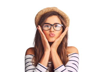Funny face, pout and portrait of a woman with glasses isolated on a transparent png background. Crazy, young and a model girl with a hat and fashion clothes while pouting for a kiss or expression