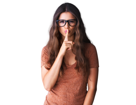 Finger on lips, secret and woman with glasses isolated on a transparent, png background for emoji. Young female model person from Australia with hand on mouth for confidential, quiet or privacy