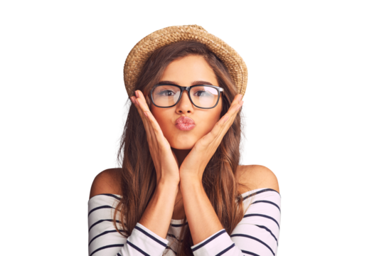 Funny face, pout and portrait of a woman with glasses isolated on a transparent png background. Crazy, young and a model girl with a hat and fashion clothes while pouting for a kiss or expression
