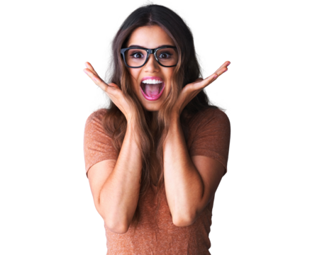Excited, wow and woman with hands on face isolated on a transparent, png background for emoji. Happy young female model person with mouth open for surprise, promotion deal or sale announcement