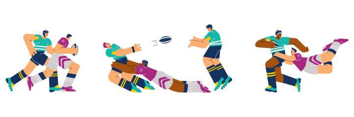 Rugby game male players characters in uniform flat cartoon vector illustration isolated.