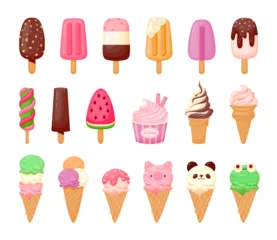 Fotobehang Cartoon ice cream. Sweet sundae, gelato in cone, cute chocolate summer freeze dessert, fruit popsicle, delicious scoop ice cream with animal face. Vector set © Foxy Fox