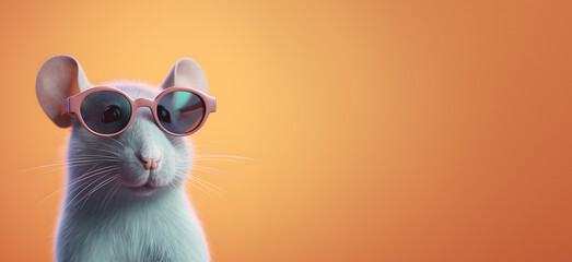 Creative animal concept. Mouse rodent in sunglass shade glasses isolated on solid pastel background, commercial, editorial advertisement, surreal surrealism. 