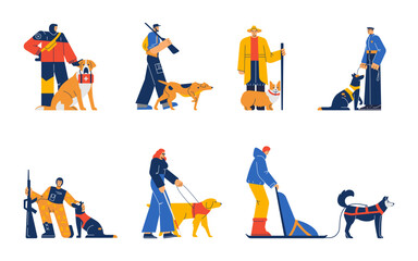 Set of people with assistance dogs flat style, vector illustration