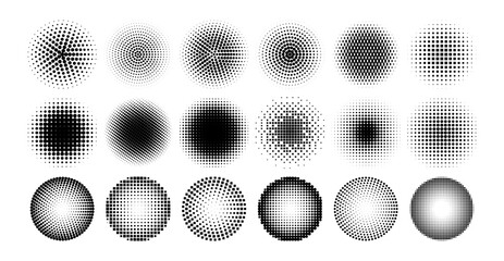 Fototapeta premium Halftone circle. Comic dotted circles, point tone pattern, gradient background geometry element, round pop art shape. Spray points effect. Vector set