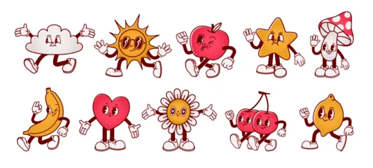 Fotobehang Cartoon abstract character. Retro trendy characters, comic sun and cloud, mascot running cherry, shape star with legs and hands, heart with funny face, vintage mushroom. Vector set © Foxy Fox
