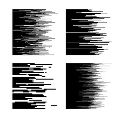 Speed lines. Line gradient patterns, horizontal white and black motion graphic. Monochrome abstract halftone pixel texture, comic book effect vector set