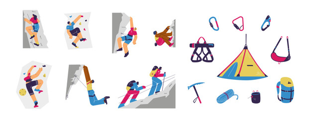 Set of climbers and tools flat style, vector illustration