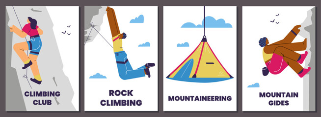 Set of posters or vertical banners about climbing flat style