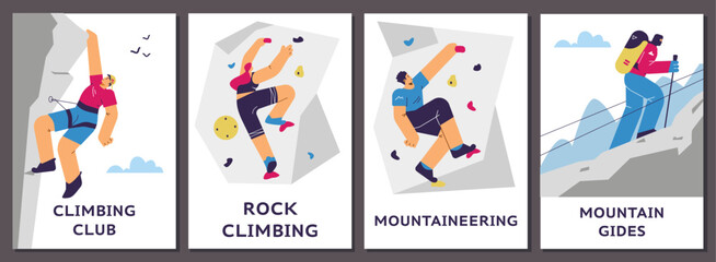 Fototapeta premium Set of posters or vertical banners about climbers flat style