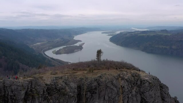 Aerial static footage of Angel's Rest viewpoint in the pacific northwest state of Oregon.