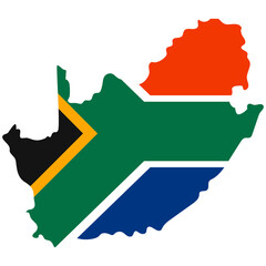 The outline of South Africa painted in the national flag. The map is highlighted on a white background