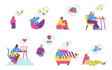 Set of characters dreaming about love, money and new house - flat vector illustration isolated on white background.