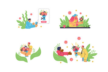 Set of people with flowers flat style, vector illustration
