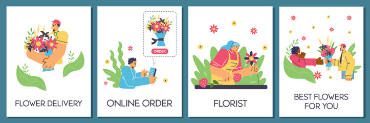 Flower delivery advertising posters set, flat vector illustration.