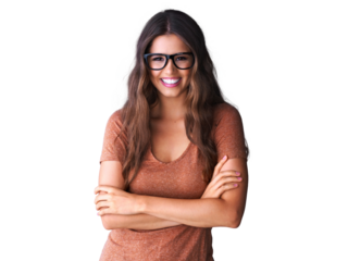 Happy woman, portrait and glasses with arms crossed isolated on transparent png background of student confidence. Face of young model or gen z person with mindset for University, college or education