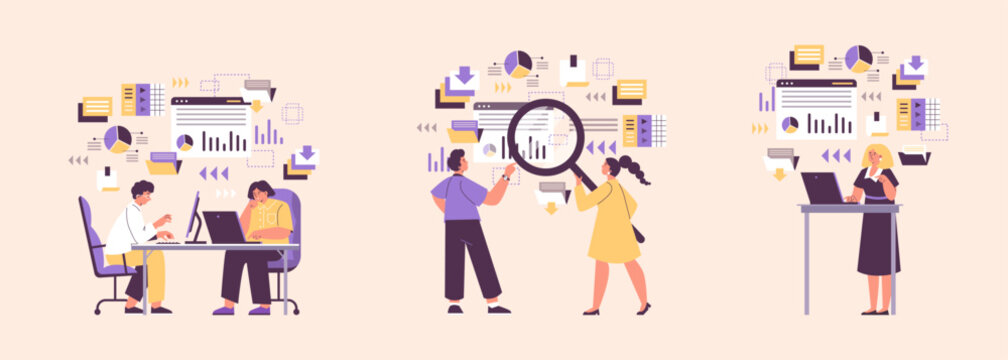 Data scientists at work banners set flat cartoon vector illustration isolated .