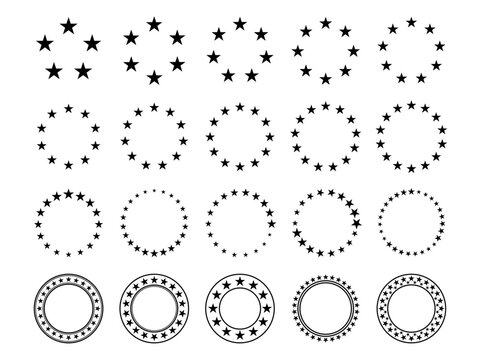 Star circle. Round frames with stars for badge, emblem and seal. Circular rating icons with fave five pointed silhouette star, award vector sign set