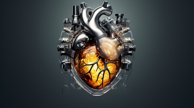 Innovative image of a human synthetic implant heart constructed from a mix of medical equipment, tools, and anatomy technology. Generative Ai.