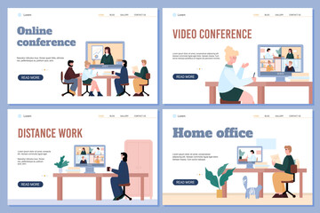 Set of vector landing pages templates for participate in online video conference
