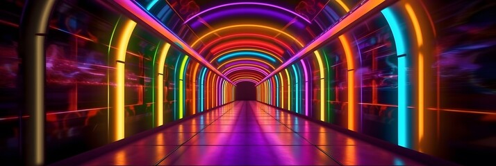 Illustration of neon rainbow tunnel. Level design. Retro wave. Retrofuturism sci-fi game scene. Warp tube. Generative ai.
