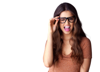 Woman, portrait and wink with glasses isolated on transparent png background for student confidence or emoji. Young model or gen z person in college with funny face for education sale or excited deal