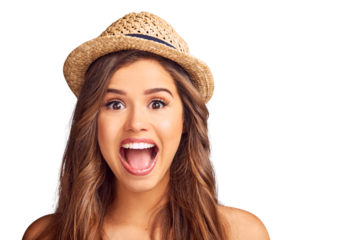 Portrait, fashion and surprise of woman in hat isolated on a transparent png background. Face, wow and happy model with good news, winning announcement or success with shocked, excited or omg emoji.