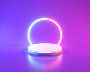 
Empty neon arena for product transitions with purple futuristic circles and pastel neon light background. 3D illustration.