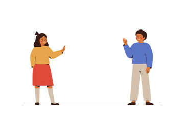 Teen girl and boy waving hand to each other. Friends Or siblings say hello with hi gesture. School children greet with raised hands. Friendship and good communication concept. Vector illustration