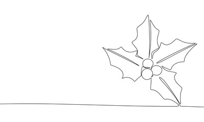 Holly berry one line continuous. Line art, outline isolated on white background. Vector illustration.